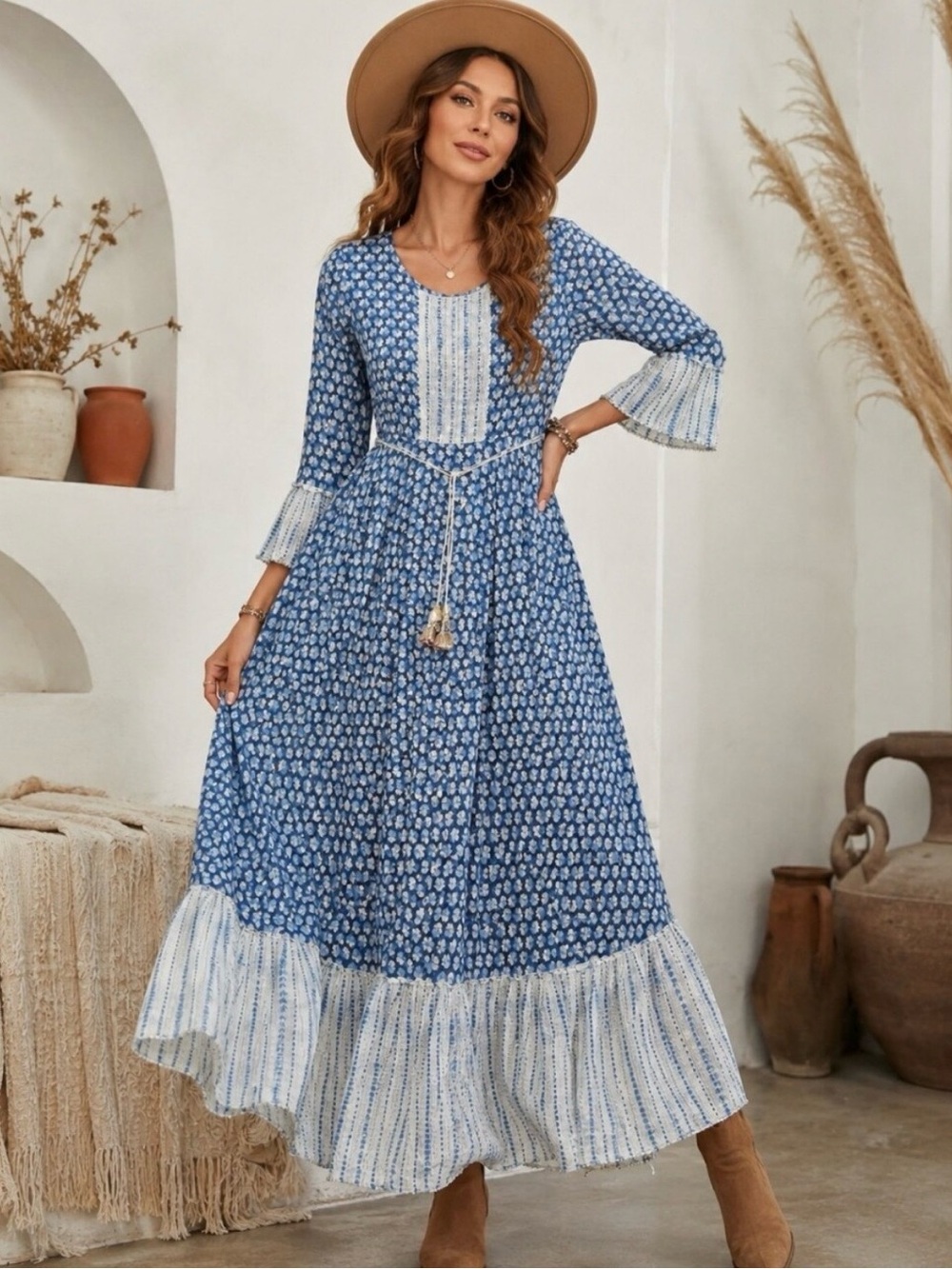 Boho Blue Floral Maxi Dress with Tassel Tie